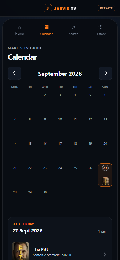 Pantalla Calendar de JARVIS TV amb episodis programats