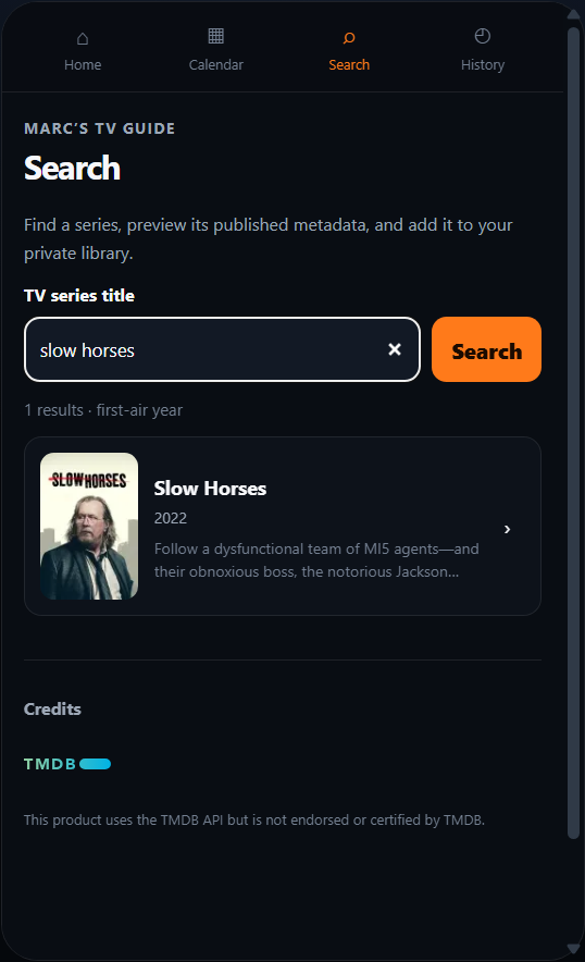 Pantalla Search de JARVIS TV amb un resultat real de TMDB per a Slow Horses
